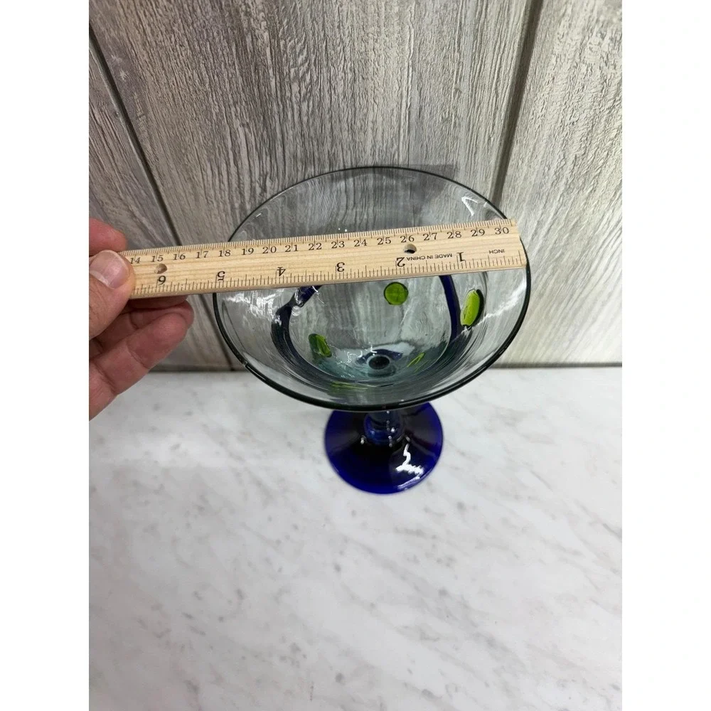 Hand Blown Recycled Glass Margarita Glass Cobalt Blue Spiral Green Dots Mexico